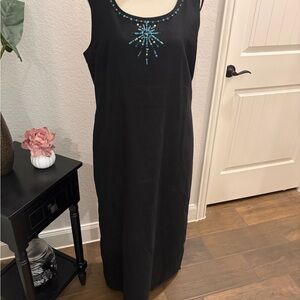 Jessica Howard Black Linen Maxi Dress with Blue Embellishments